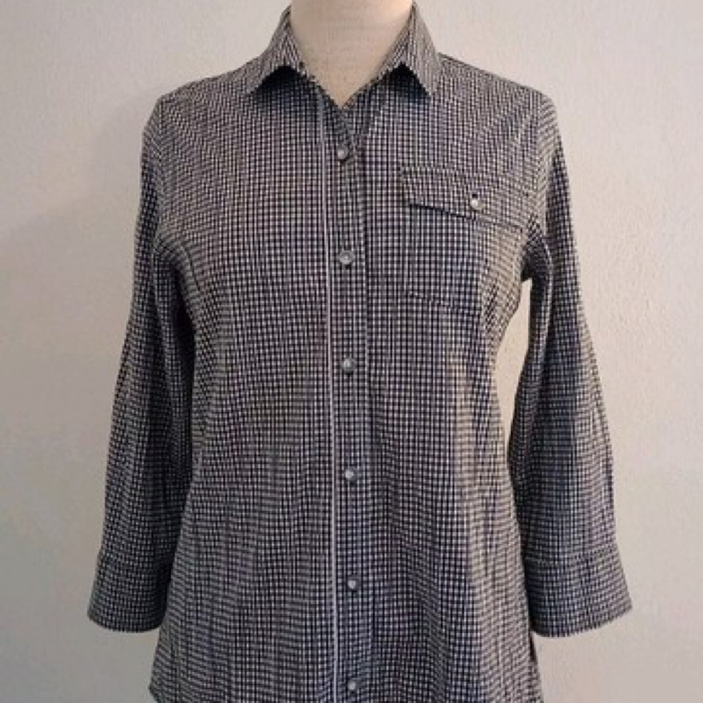 Woolrich 3/4 Roll Tab Sleeve Black White Check Button Down Top  SZ S